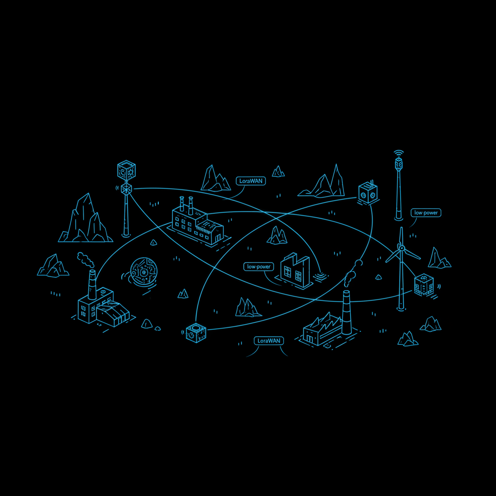 Low-Power LoRaWAN Stack — mesh IoT sensor network minimalist line art